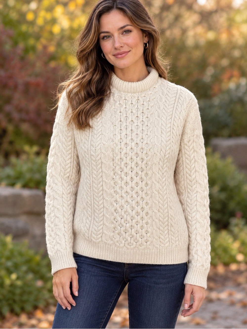 Carraig Donn Irish merino wool Cable-Knit Crewneck Sweater in Cream